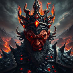 An imposing image of a Hell King character staring directly at the camera, styled in a captivating game art aesthetic