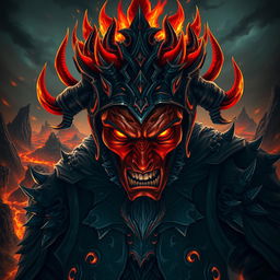 An imposing image of a Hell King character staring directly at the camera, styled in a captivating game art aesthetic