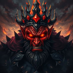 An imposing image of a Hell King character staring directly at the camera, styled in a captivating game art aesthetic