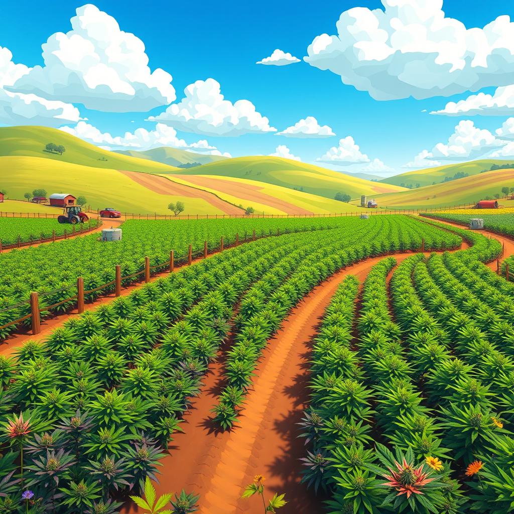 An aerial view of a lush weed farm, beautifully illustrated in a vibrant game art style