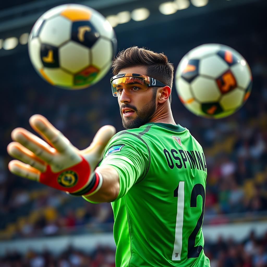 A dramatic portrait of David Ospina, the Colombian football goalkeeper, in action during a match