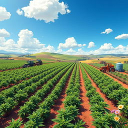 An aerial view of a lush weed farm, beautifully illustrated in a vibrant game art style