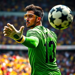 A dramatic portrait of David Ospina, the Colombian football goalkeeper, in action during a match