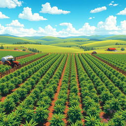 An aerial view of a lush weed farm, beautifully illustrated in a vibrant game art style