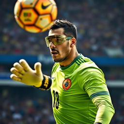 A dramatic portrait of David Ospina, the Colombian football goalkeeper, in action during a match