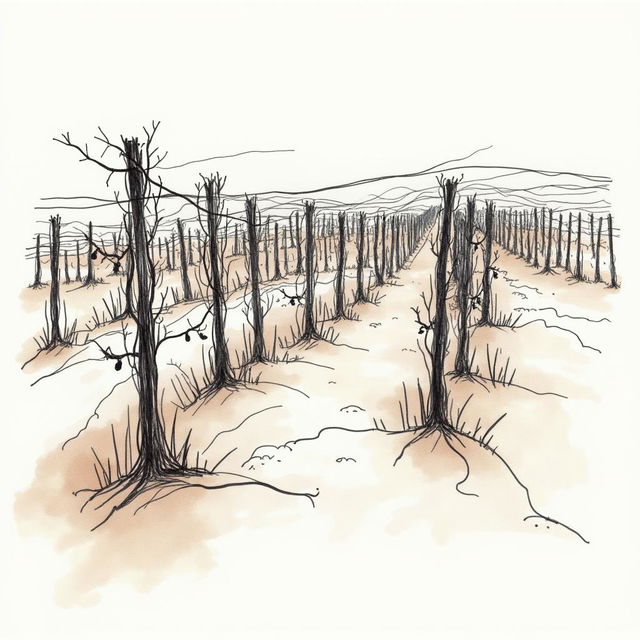 An extreme abstract line-art sketch of a vineyard, featuring minimalist representations of vines, grapes, and trellises