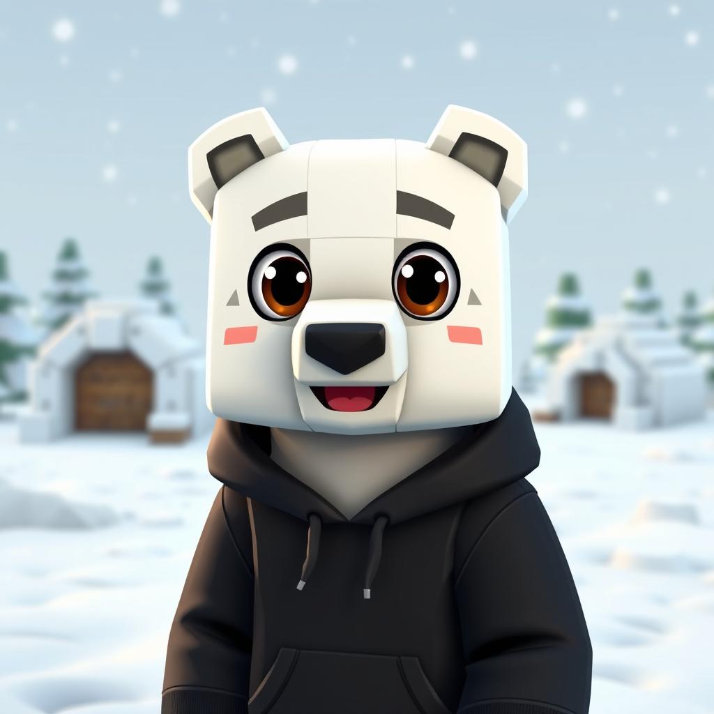 A cute and animated polar bear wearing a black hoodie, designed in a Minecraft style with blocky features and pixelated textures, set against a snowy landscape