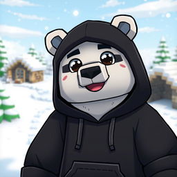 A cute and animated polar bear wearing a black hoodie, designed in a Minecraft style with blocky features and pixelated textures, set against a snowy landscape