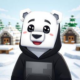 A cute and animated polar bear wearing a black hoodie, designed in a Minecraft style with blocky features and pixelated textures, set against a snowy landscape