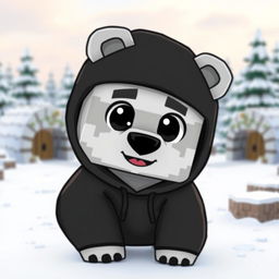 A cute and animated polar bear wearing a black hoodie, designed in a Minecraft style with blocky features and pixelated textures, set against a snowy landscape