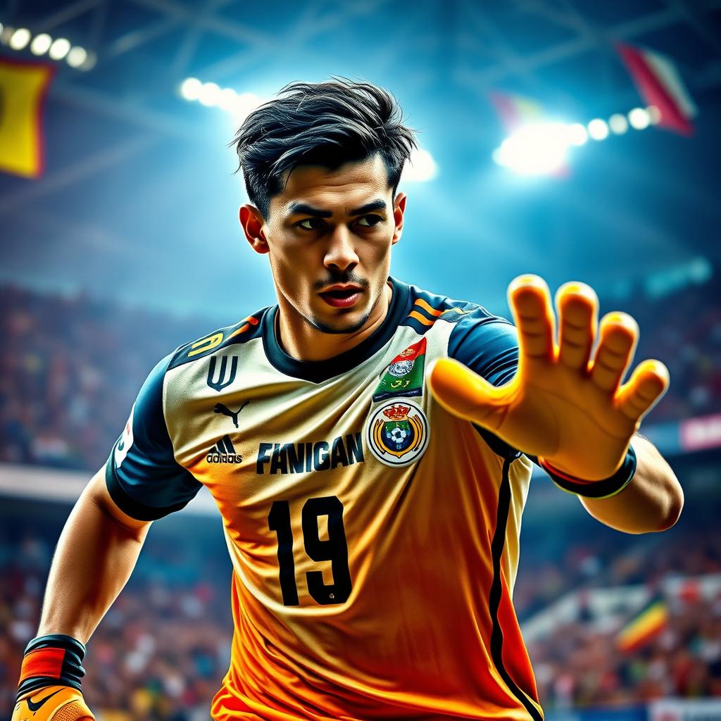 A striking portrait of a Latin American male soccer player in action, showcasing dynamic athleticism and intense focus