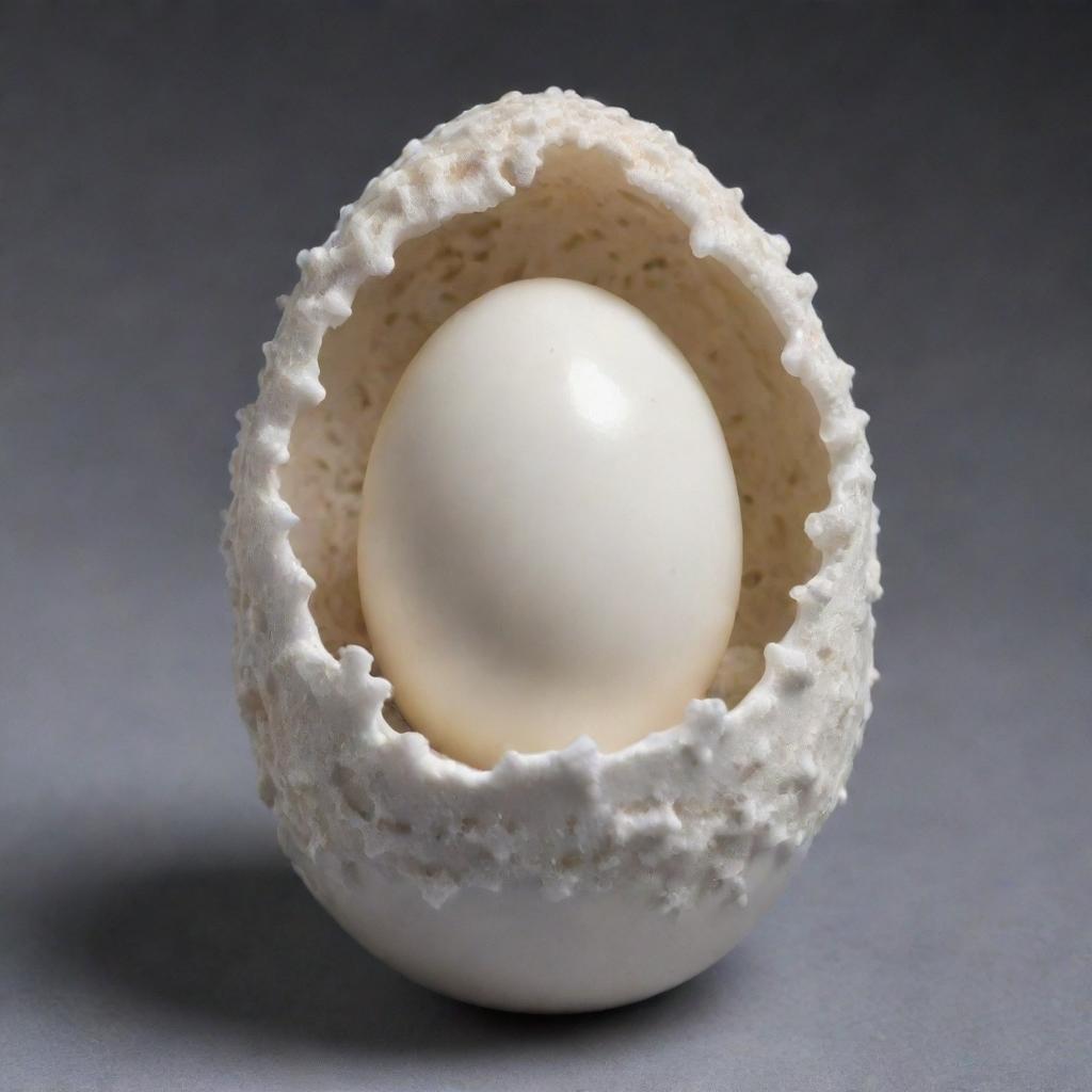 An elegant white coral head nestling in an eggshell, adorned with intricate Renaissance designs.