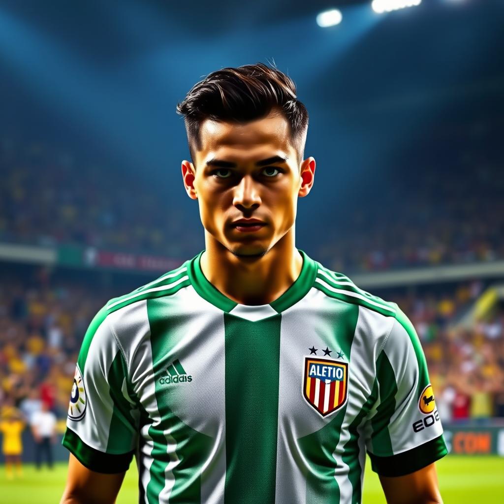 A portrait of a Colombian football player wearing an Atlético Nacional jersey, showcasing details such as the team's logo, green and white stripes on the shirt, and the player's determined expression