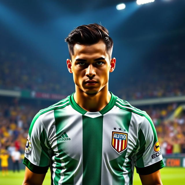 A portrait of a Colombian football player wearing an Atlético Nacional jersey, showcasing details such as the team's logo, green and white stripes on the shirt, and the player's determined expression