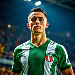 A portrait of a Colombian football player wearing an Atlético Nacional jersey, showcasing details such as the team's logo, green and white stripes on the shirt, and the player's determined expression