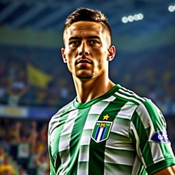 A portrait of a Colombian football player wearing an Atlético Nacional jersey, showcasing details such as the team's logo, green and white stripes on the shirt, and the player's determined expression