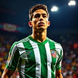 A portrait of a Colombian football player wearing an Atlético Nacional jersey, showcasing details such as the team's logo, green and white stripes on the shirt, and the player's determined expression