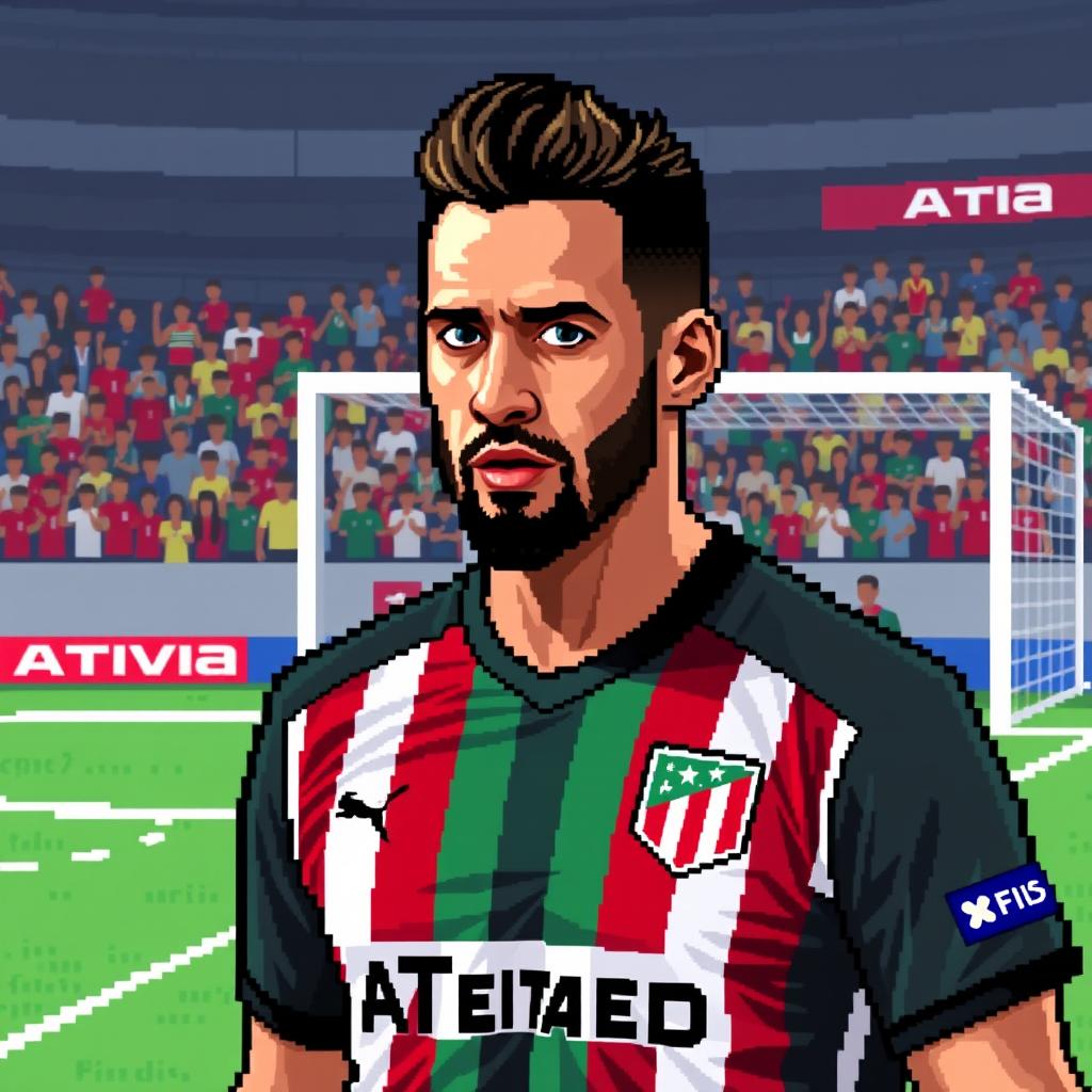 A pixel art representation of soccer player David Ospina wearing an Atlético Nacional jersey