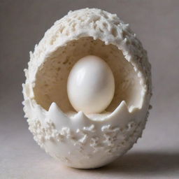 An elegant white coral head nestling in an eggshell, adorned with intricate Renaissance designs.