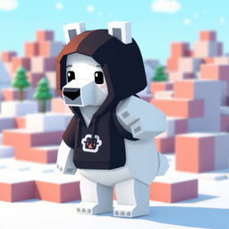 A cute animated polar bear wearing a black hoodie in a Minecraft style, featuring blocky, pixelated textures