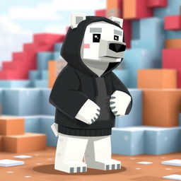 A cute animated polar bear wearing a black hoodie in a Minecraft style, featuring blocky, pixelated textures