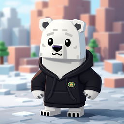 A cute animated polar bear wearing a black hoodie in a Minecraft style, featuring blocky, pixelated textures