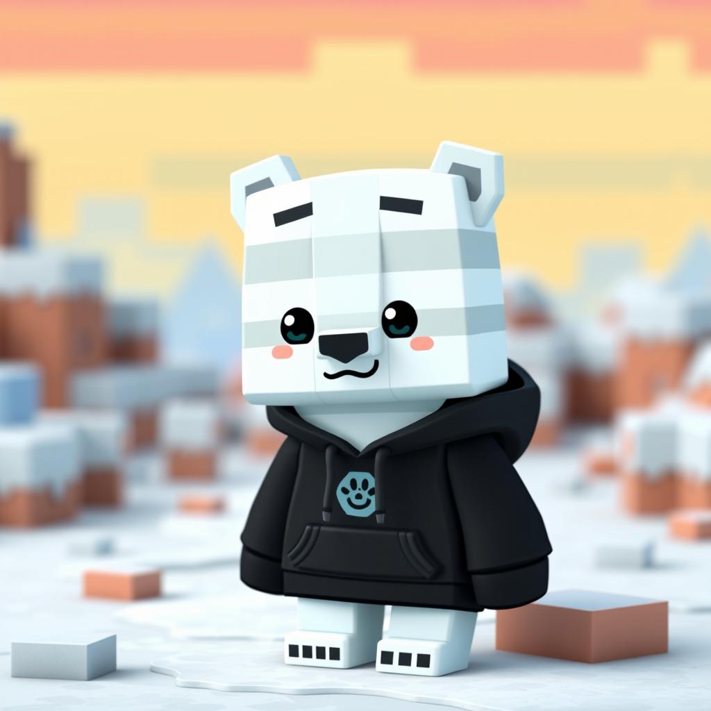 A cute animated polar bear wearing a black hoodie in a Minecraft style, featuring blocky, pixelated textures