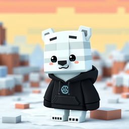 A cute animated polar bear wearing a black hoodie in a Minecraft style, featuring blocky, pixelated textures