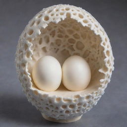 An elegant white coral head nestling in an eggshell, adorned with intricate Renaissance designs.