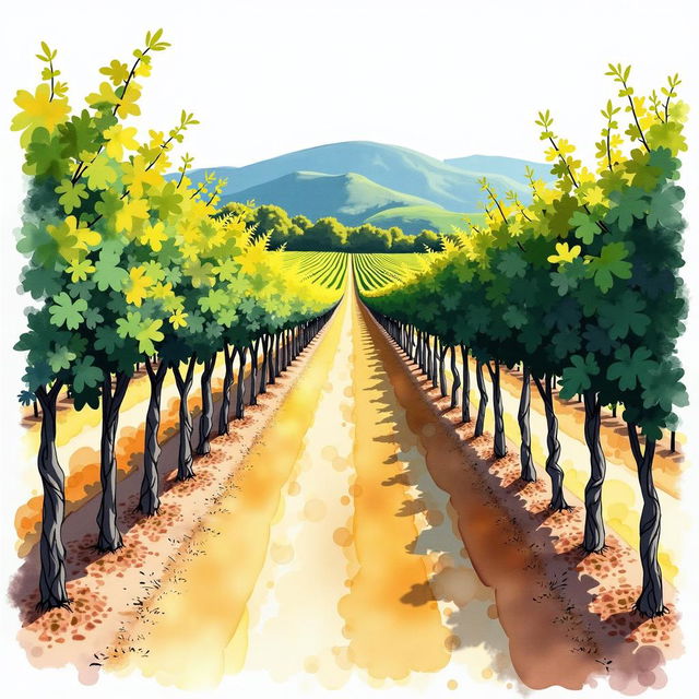 A super sketchy pencil line art drawing of a vineyard, created with watercolor pencils