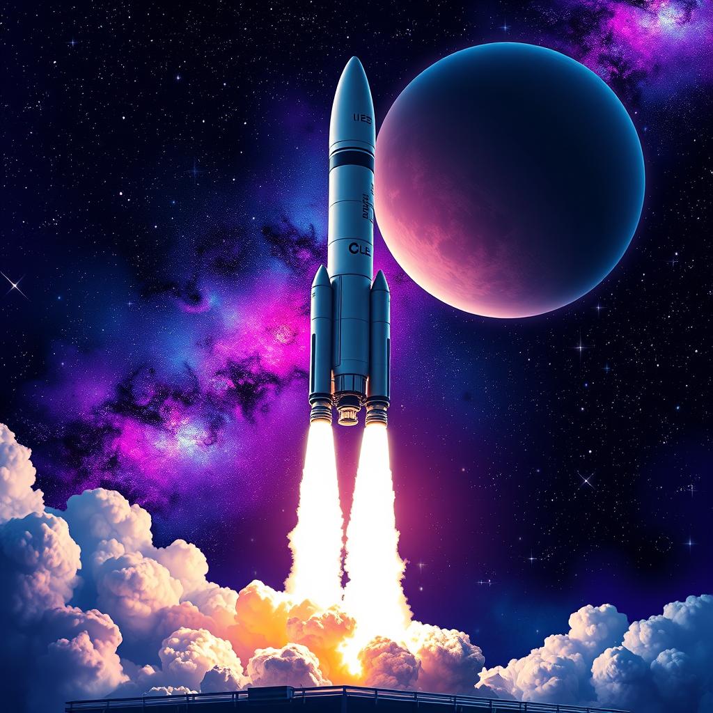 A vibrant digital art poster depicting a dramatic rocket launch into space