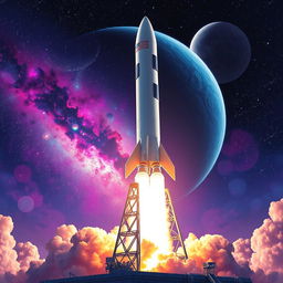 A vibrant digital art poster depicting a dramatic rocket launch into space