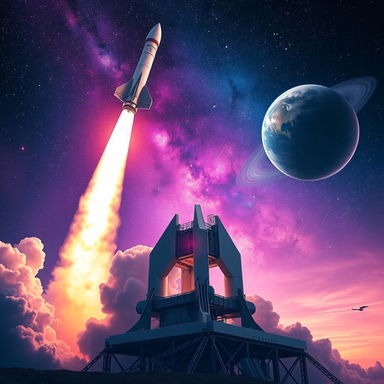 A vibrant digital art poster depicting a dramatic rocket launch into space