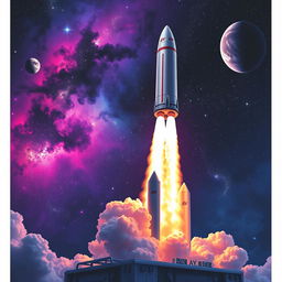 A vibrant digital art poster depicting a dramatic rocket launch into space