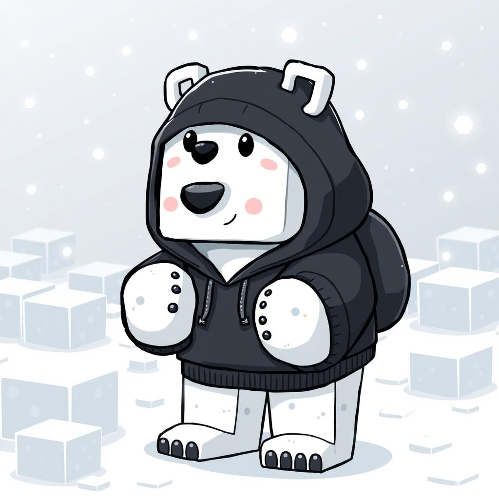 A polar bear wearing a black hoodie, illustrated in a Minecraft style with blocky features and pixelated textures