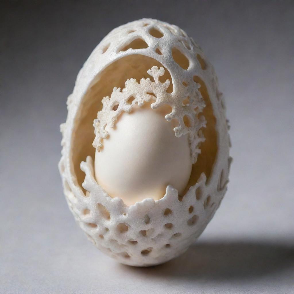 An elegant white coral head nestling in an eggshell, adorned with intricate Renaissance designs.