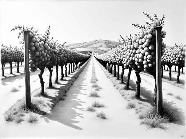 An extremely sketchy pencil line art drawing of a vineyard, created with only pencil lines