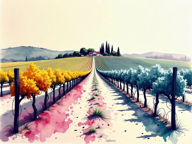 A super sketchy pencil line art drawing of a vineyard, created with watercolor pencils