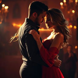 An artistic representation of sensuality and allure, showcasing a beautiful couple engaged in an intimate dance under soft, romantic lighting