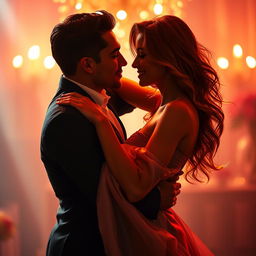 An artistic representation of sensuality and allure, showcasing a beautiful couple engaged in an intimate dance under soft, romantic lighting