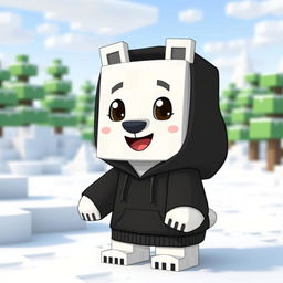 A playful animated polar bear wearing a black hoodie, designed in a Minecraft style