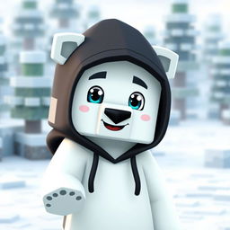 A playful animated polar bear wearing a black hoodie, designed in a Minecraft style