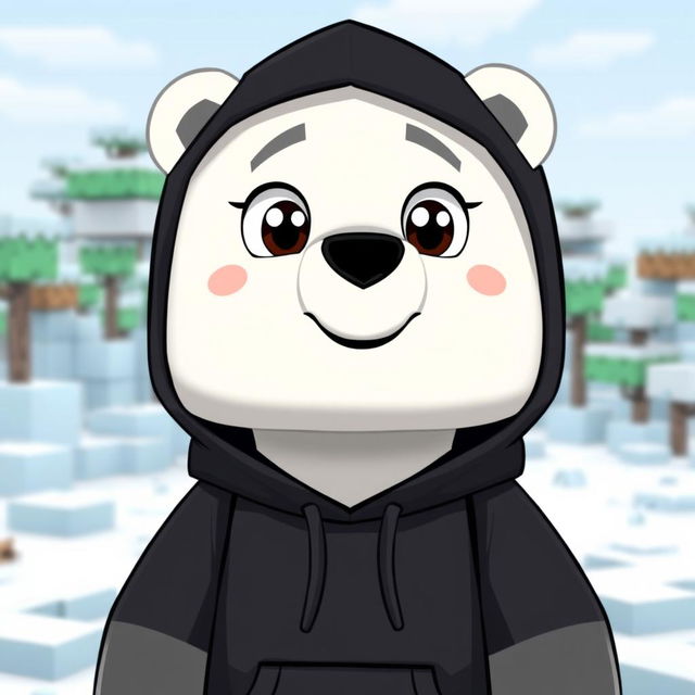 A playful animated polar bear wearing a black hoodie, designed in a Minecraft style