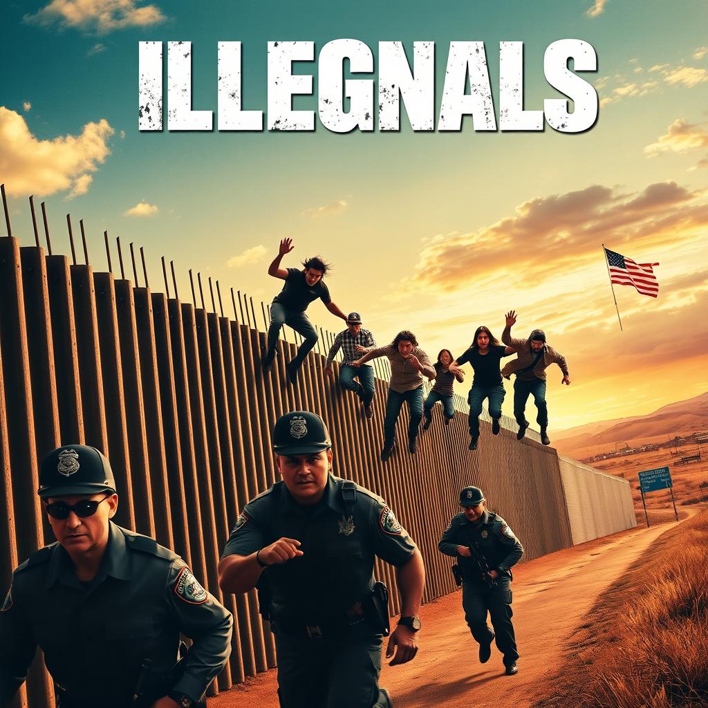 An action-packed movie poster depicting a dramatic scene of a group of Mexicans energetically jumping over a tall border wall into America, with urgency and determination in their movements