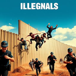 An action-packed movie poster depicting a dramatic scene of a group of Mexicans energetically jumping over a tall border wall into America, with urgency and determination in their movements