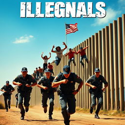 An action-packed movie poster depicting a dramatic scene of a group of Mexicans energetically jumping over a tall border wall into America, with urgency and determination in their movements