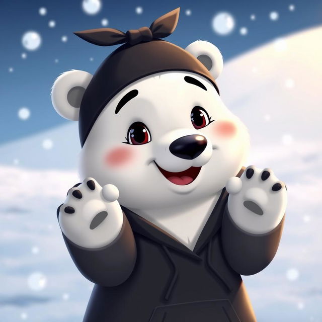 An animated polar bear wearing a black hoodie and a black bandana tied around its forehead