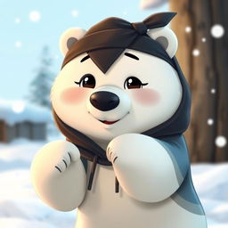 An animated polar bear wearing a black hoodie and a black bandana tied around its forehead