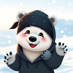 An animated polar bear wearing a black hoodie and a black bandana tied around its forehead