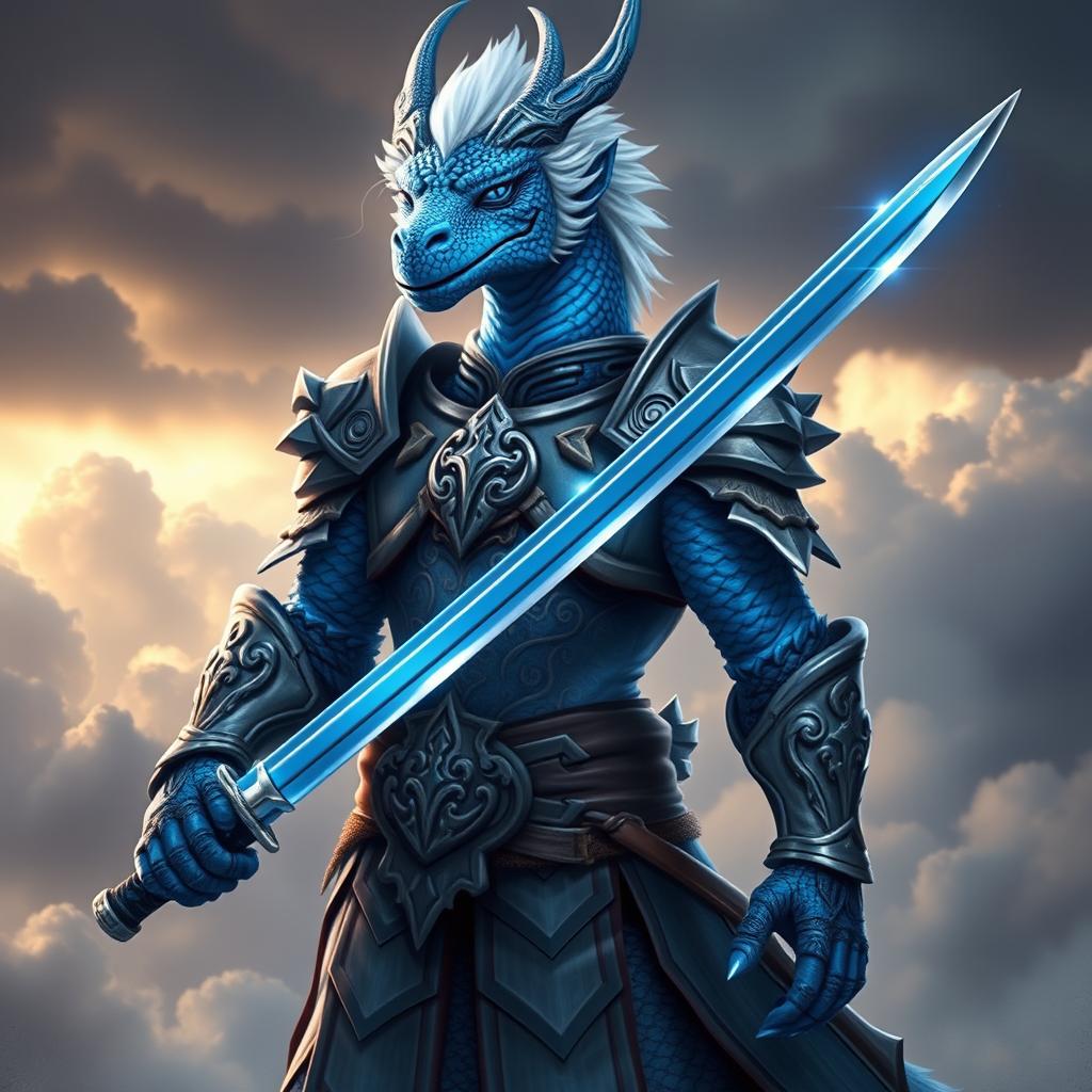 A blue dragonborn paladin standing heroically, showcasing distinctive features like white hair and vibrant blue scales